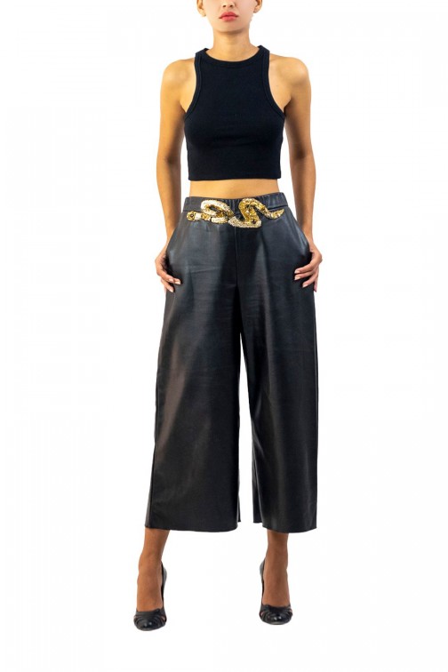 Pantalon similicuir brodé